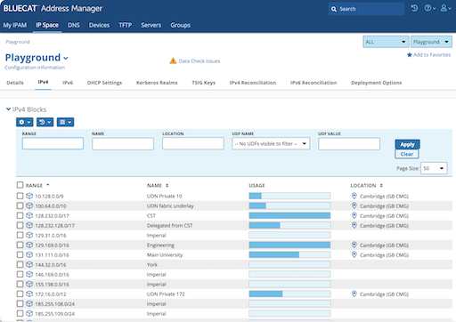 Screenshot of BlueCat IP space section